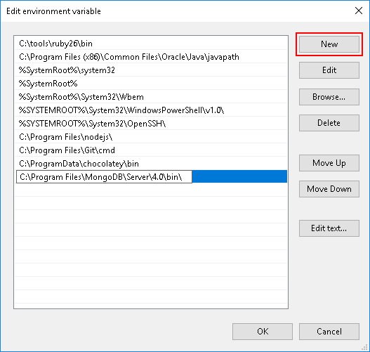 Windows 10 MongoDB bin folder in File Explorer