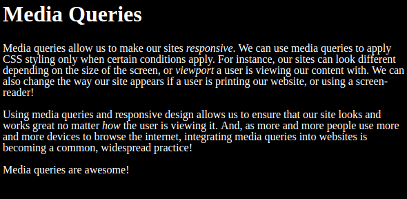 the media query practice website with a black background and white text