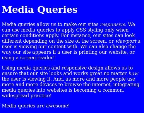 the media queries practice website with a blue background with white text