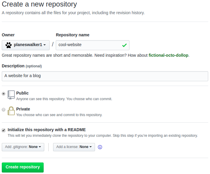 Photo of GitHub's Create a new repository screen filled in