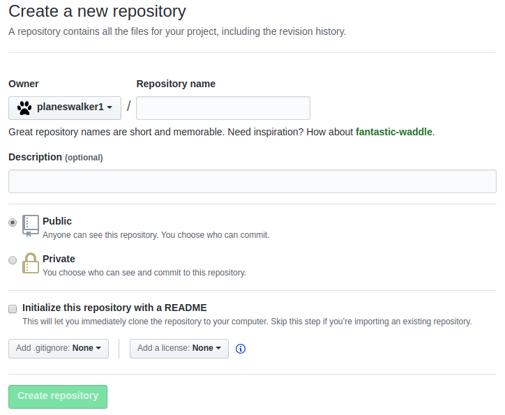 Photo of GitHub's Create a new repository screen